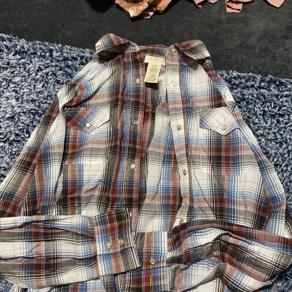 Brown, blue, and white plaid Small pearl snap